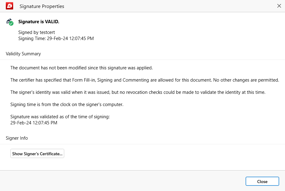 PDF Extra: a system message confirming that the digital signature is valid